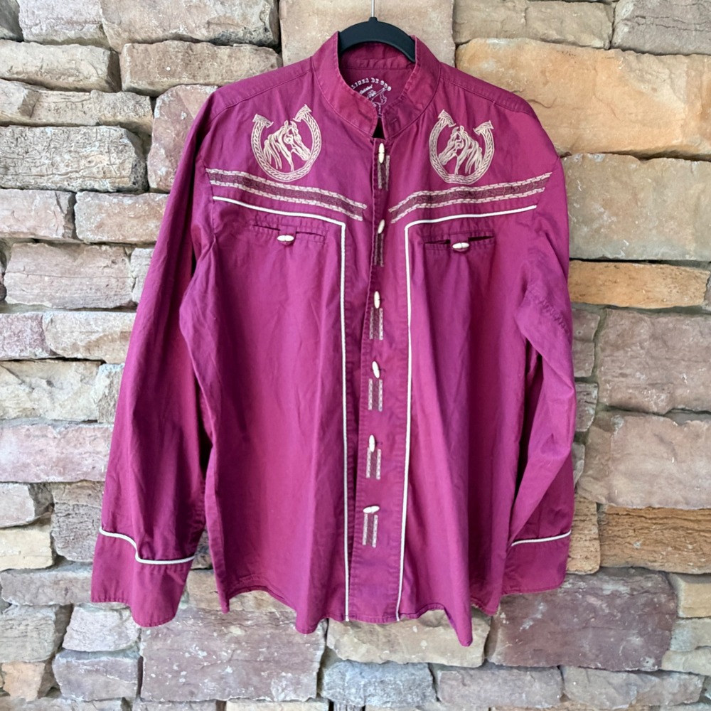 Linea De Oro Mens XL Western Shirt Burgundy Horseshoe Embroidery Toggle Cowboy
